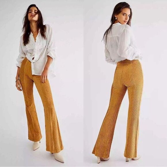 Free People Slim Pull On Velvet Flare Pants Gold NEW - Picture 1 of 4